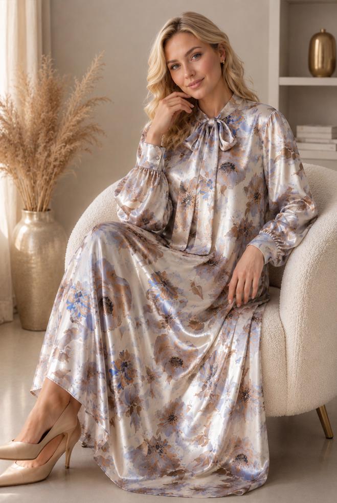 Vêtements hijab VISON ROBE EN SATIN À MOTIFS 20956 - ALVİNA