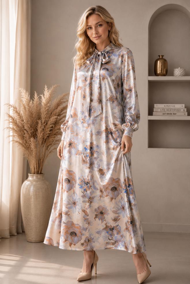 Vêtements hijab VISON ROBE EN SATIN À MOTIFS 20956 - ALVİNA