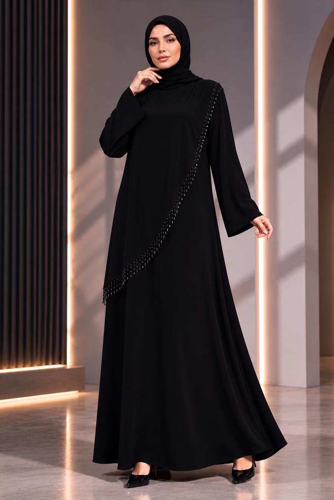 Tesettür giyim SİYAH BONCUK DETAYLI ELBİSE 20983 - ALVİNA