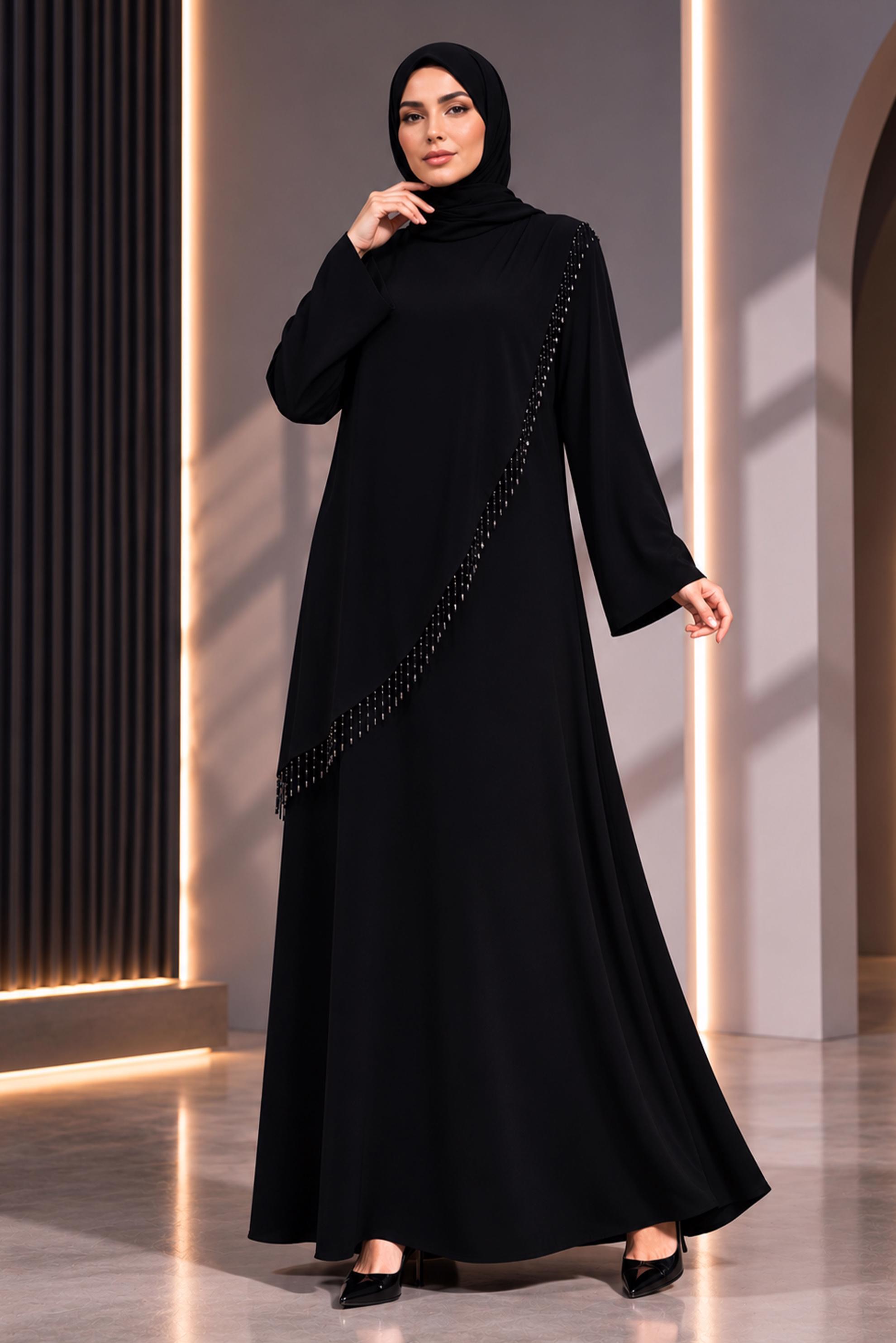 Tesettür giyim SİYAH BONCUK DETAYLI ELBİSE 20983