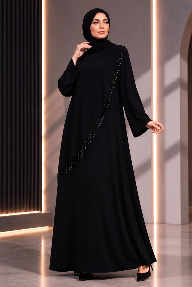 Tesettür giyim SİYAH BONCUK DETAYLI ELBİSE 20983 - ALVİNA