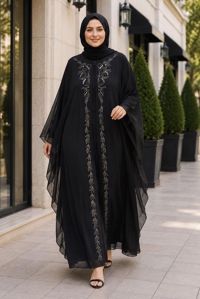 Hijab clothing BLACK CAPE DETAIL CHIFFON DRESS 20986 - ALVİNA