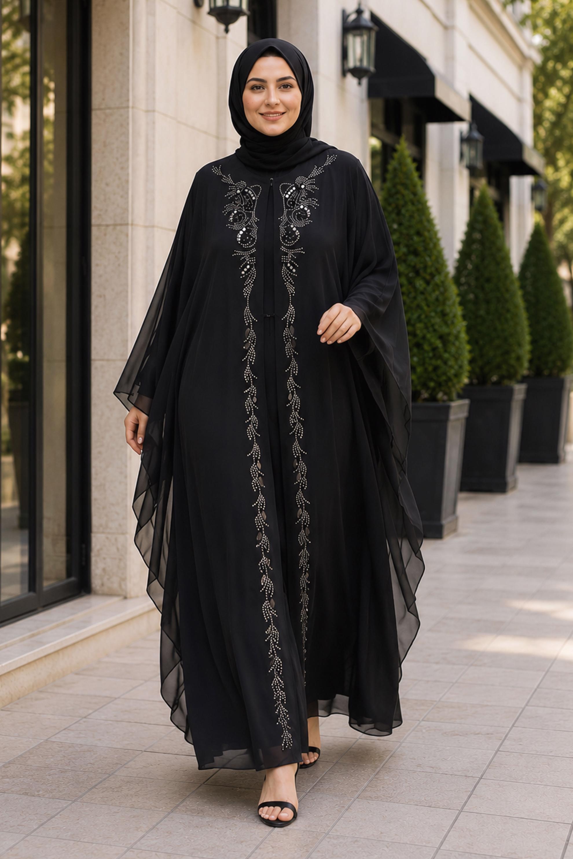 Tesettür giyim SİYAH PELERİN DETAYLI ŞİFON ELBİSE 20986