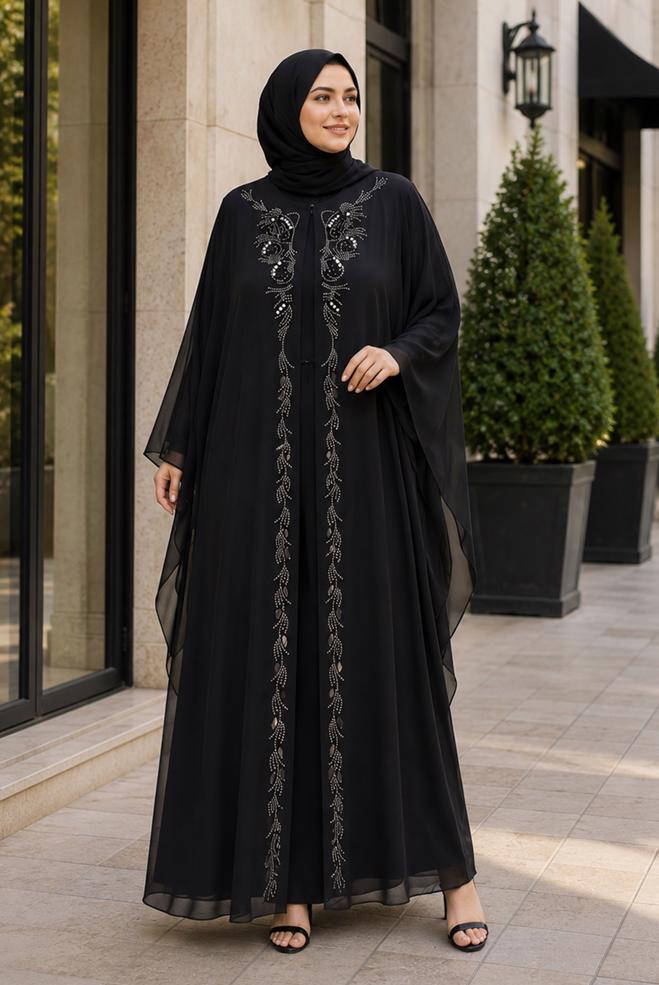 Hijab clothing BLACK CAPE DETAIL CHIFFON DRESS 20986 - ALVİNA