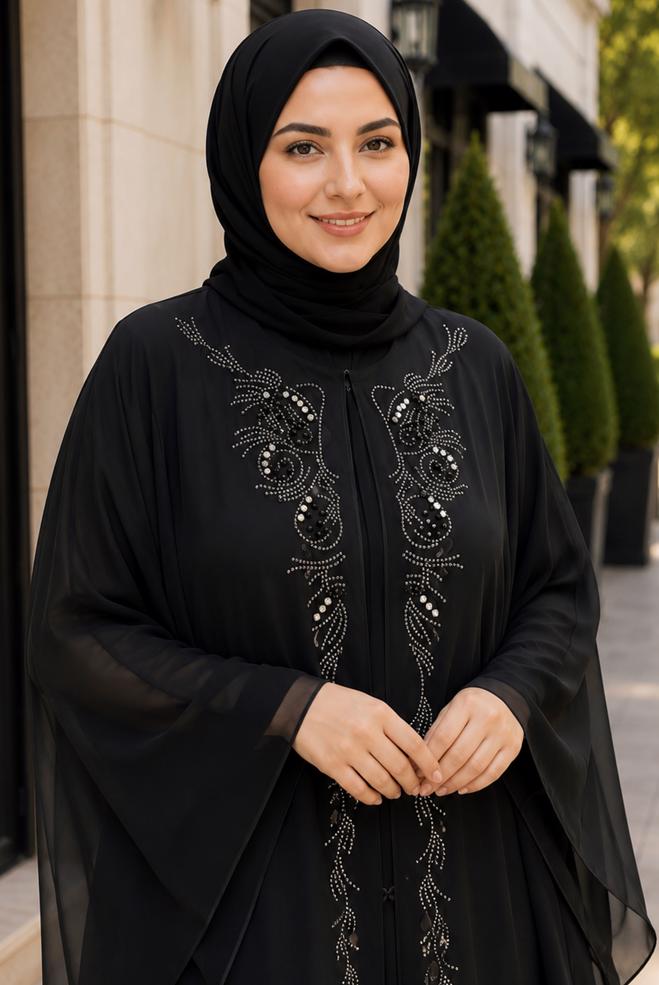 Hijab clothing BLACK CAPE DETAIL CHIFFON DRESS 20986 - ALVİNA