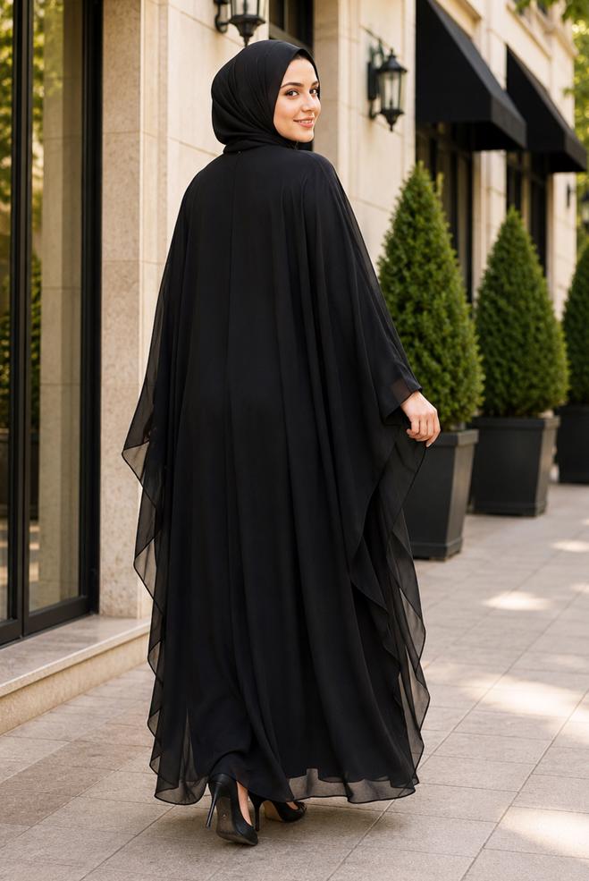 Hijab clothing BLACK CAPE DETAIL CHIFFON DRESS 20986 - ALVİNA
