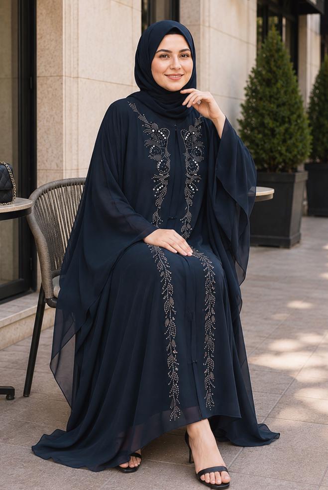 Hijab clothing NAVY BLUE CAPE DETAIL CHIFFON DRESS 20986 - ALVİNA