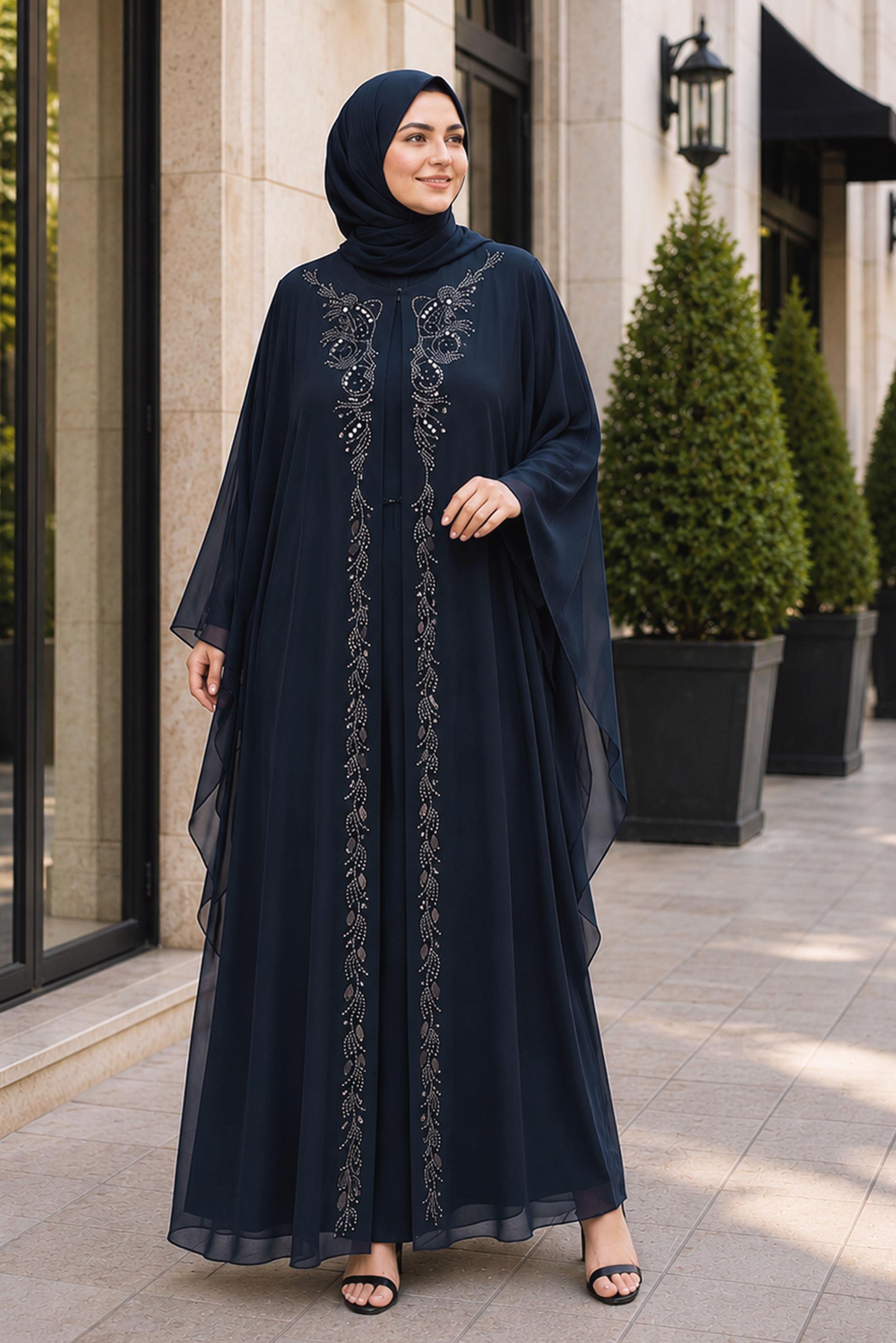 Tesettür giyim LACİVERT PELERİN DETAYLI ŞİFON ELBİSE 20986