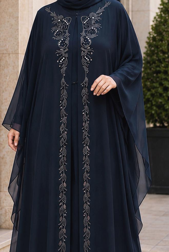 Hijab clothing NAVY BLUE CAPE DETAIL CHIFFON DRESS 20986 - ALVİNA