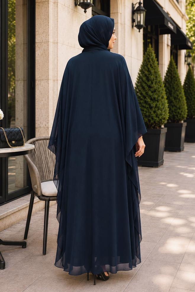 Hijab clothing NAVY BLUE CAPE DETAIL CHIFFON DRESS 20986 - ALVİNA