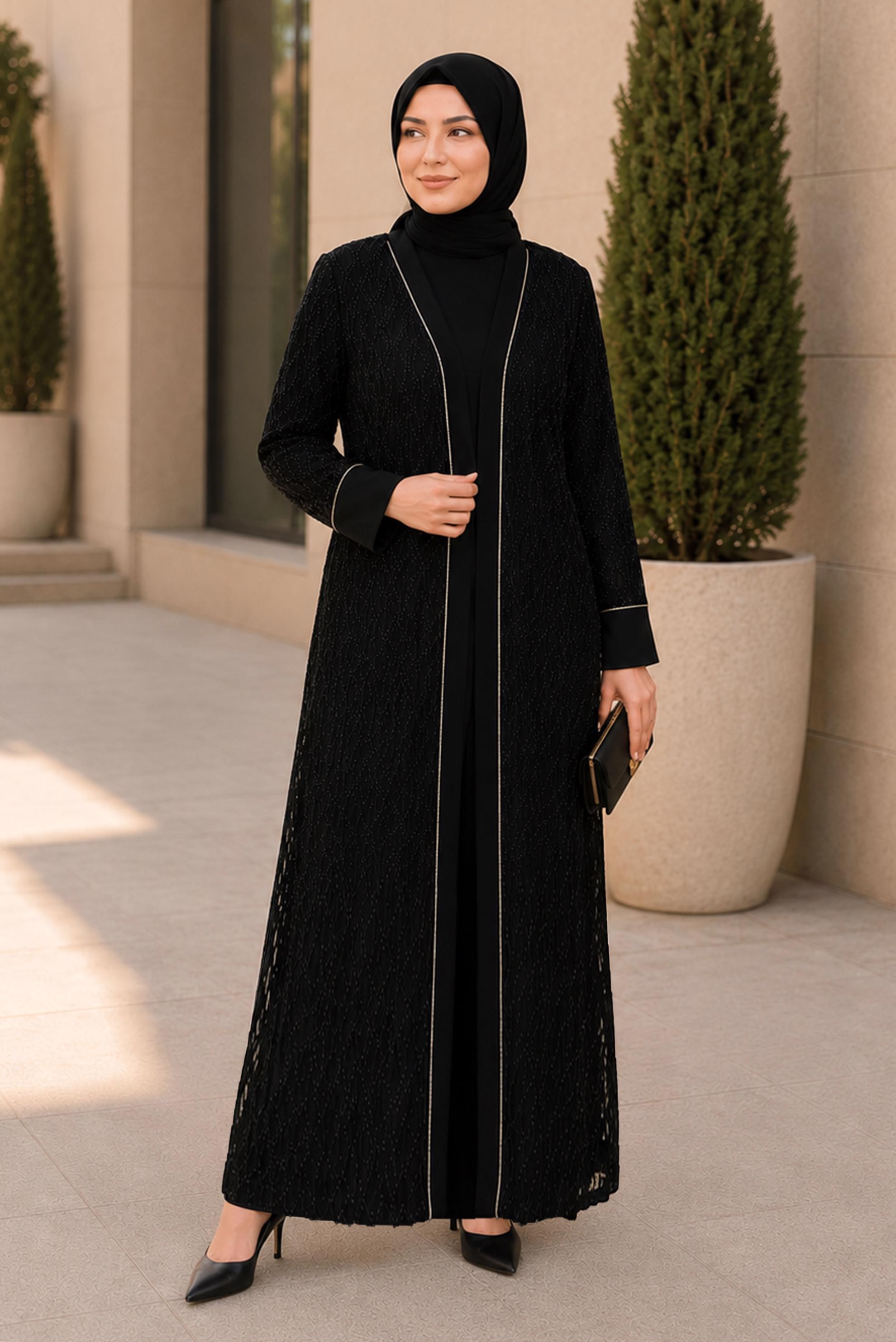 Vêtements hijab NOIR ENSEMBLE DE ROBE DÉTAIL DENTELLE 20987