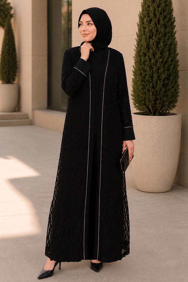 Vêtements hijab NOIR ENSEMBLE DE ROBE DÉTAIL DENTELLE 20987 - ALVİNA