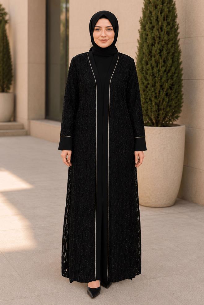 Vêtements hijab NOIR ENSEMBLE DE ROBE DÉTAIL DENTELLE 20987 - ALVİNA