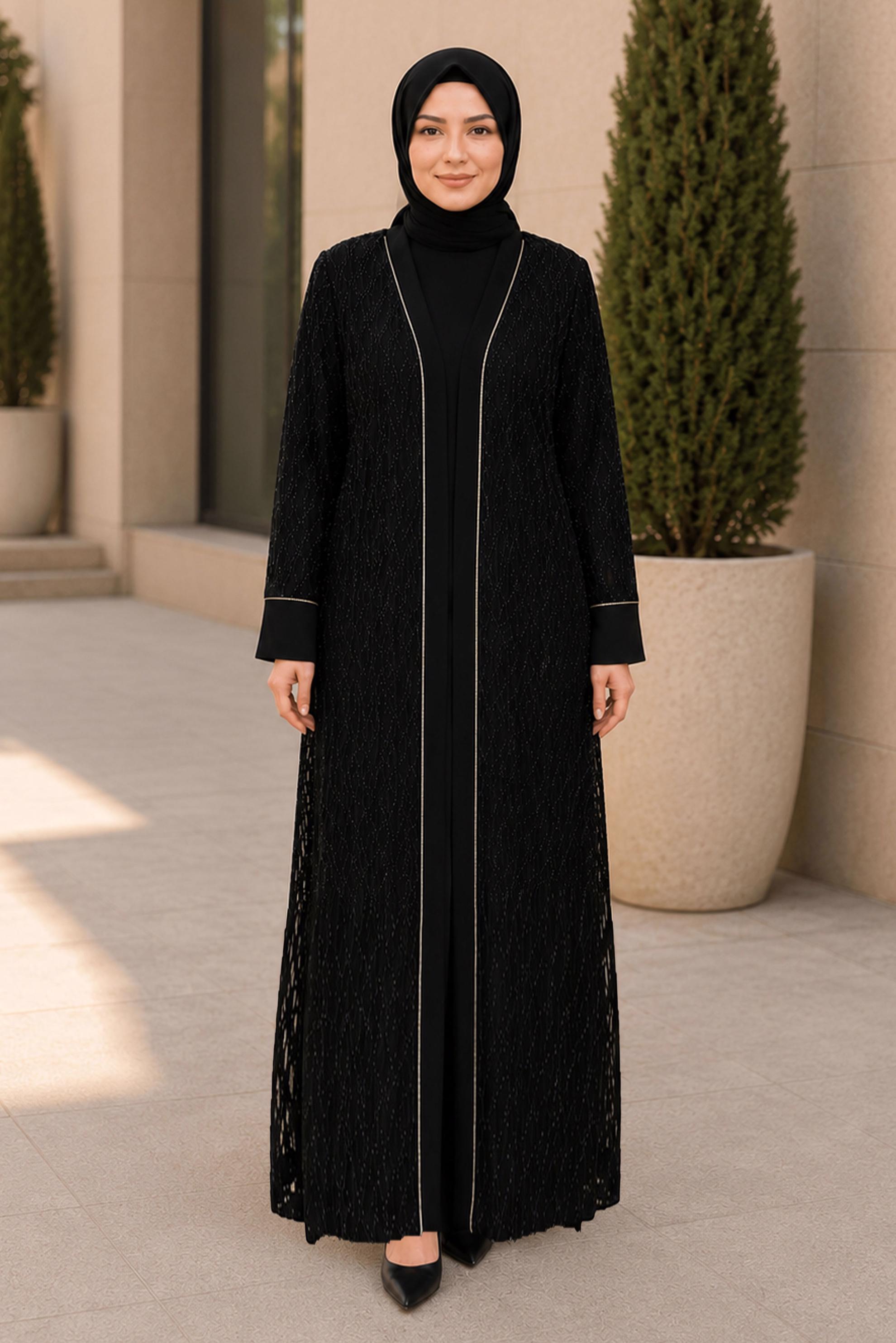 Vêtements hijab NOIR ENSEMBLE DE ROBE DÉTAIL DENTELLE 20987