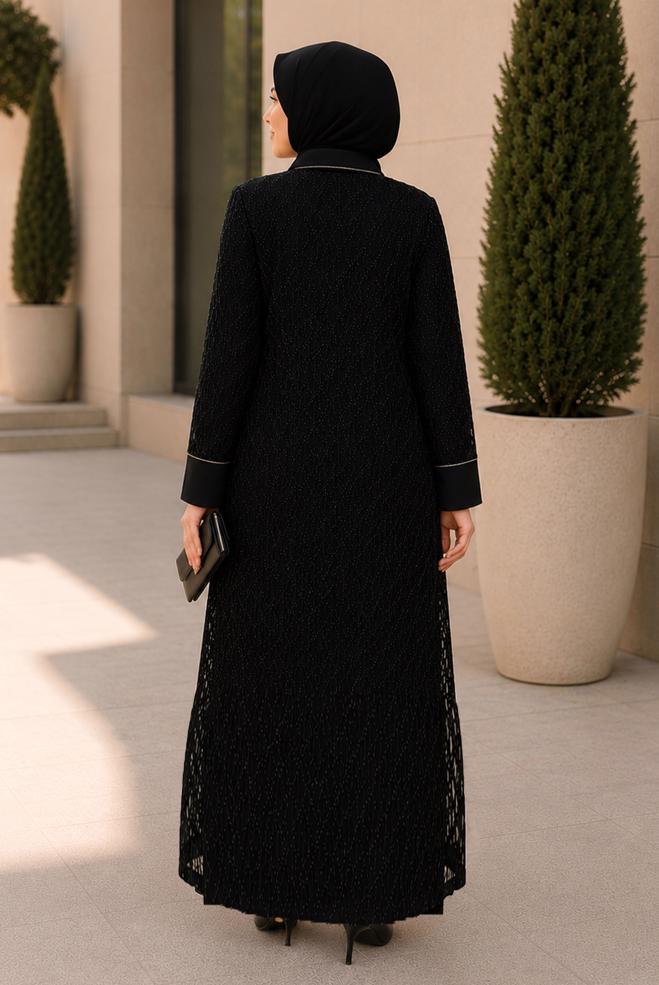 Vêtements hijab NOIR ENSEMBLE DE ROBE DÉTAIL DENTELLE 20987 - ALVİNA