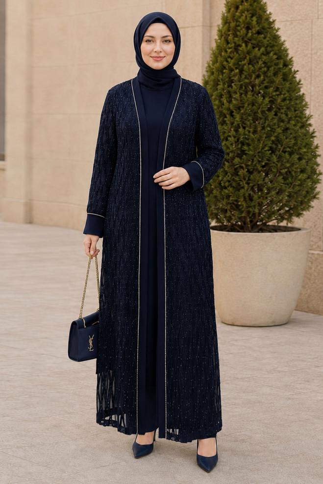 Vêtements hijab BLEU MARINE ENSEMBLE DE ROBE DÉTAIL DENTELLE 20987 - ALVİNA