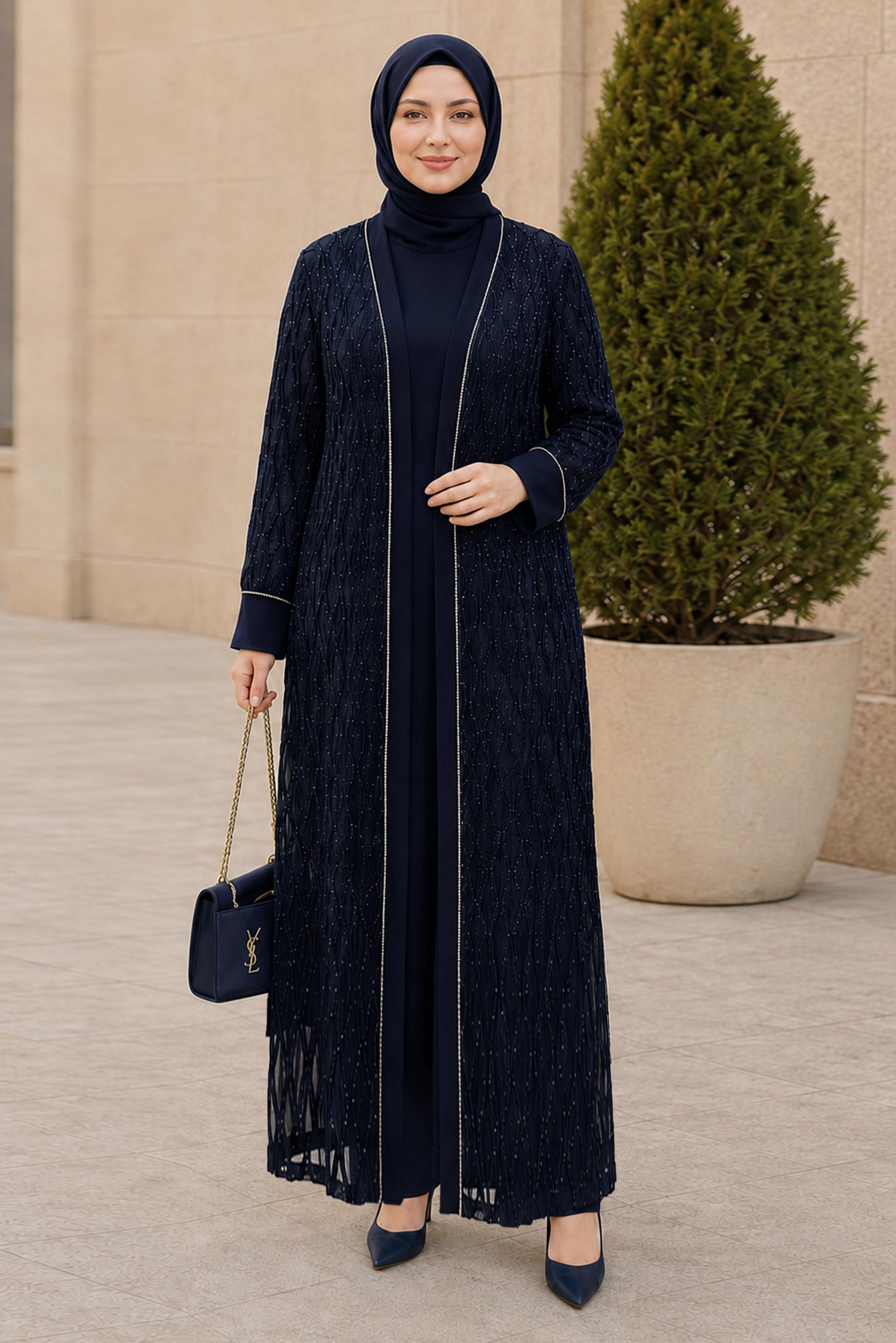 Vêtements hijab BLEU MARINE ENSEMBLE DE ROBE DÉTAIL DENTELLE 20987