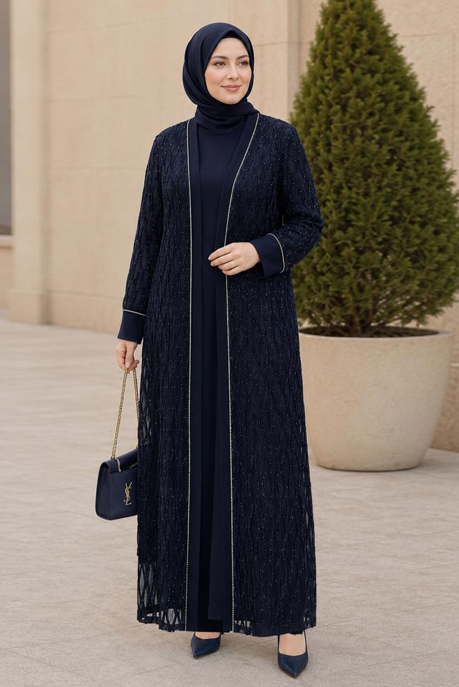Vêtements hijab BLEU MARINE ENSEMBLE DE ROBE DÉTAIL DENTELLE 20987 - ALVİNA