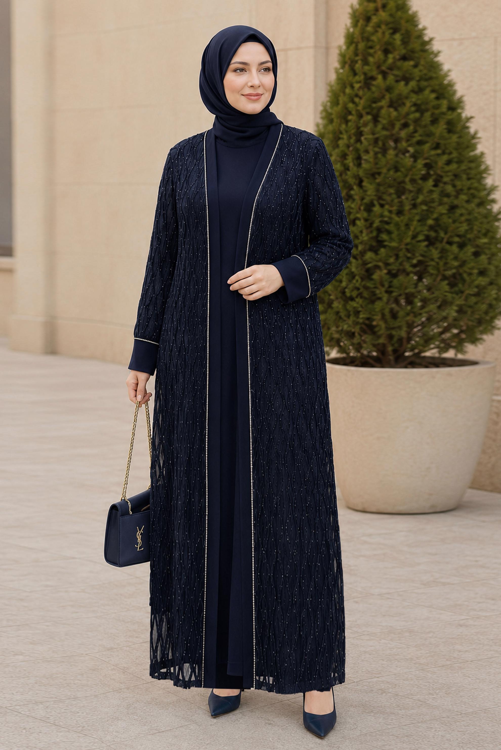 Vêtements hijab BLEU MARINE ENSEMBLE DE ROBE DÉTAIL DENTELLE 20987