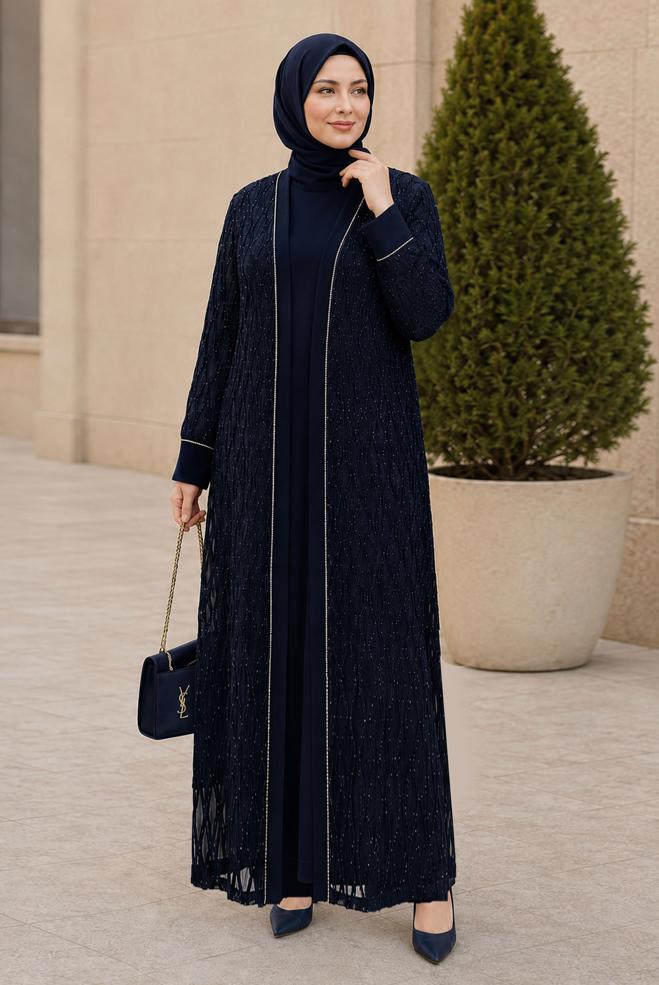 Vêtements hijab BLEU MARINE ENSEMBLE DE ROBE DÉTAIL DENTELLE 20987 - ALVİNA