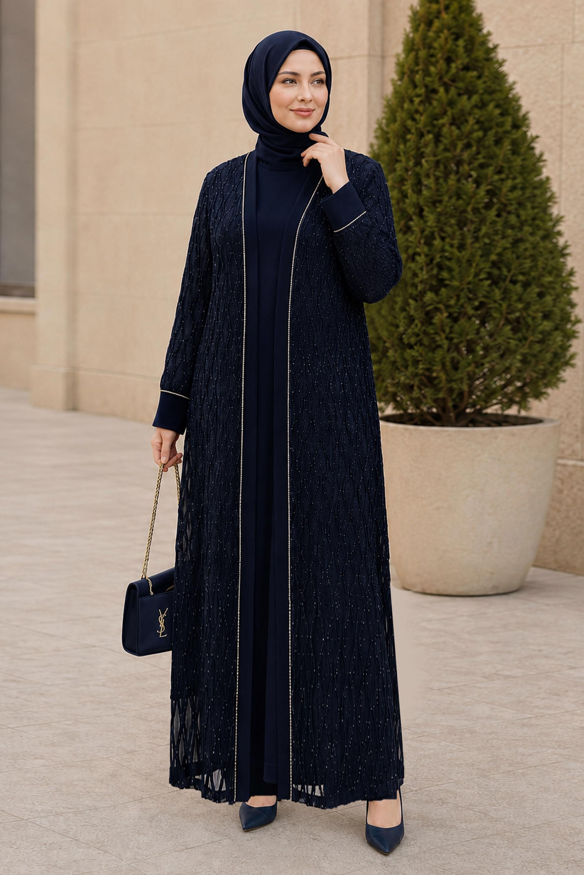 Vêtements hijab BLEU MARINE ENSEMBLE DE ROBE DÉTAIL DENTELLE 20987
