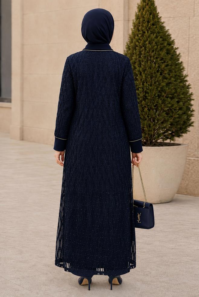 Vêtements hijab BLEU MARINE ENSEMBLE DE ROBE DÉTAIL DENTELLE 20987 - ALVİNA