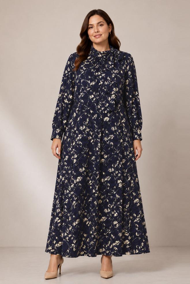 Vêtements hijab BLEU MARINE ROBE JACQUARD EN SATIN GRANDE TAILLE 20991 - ALVİNA