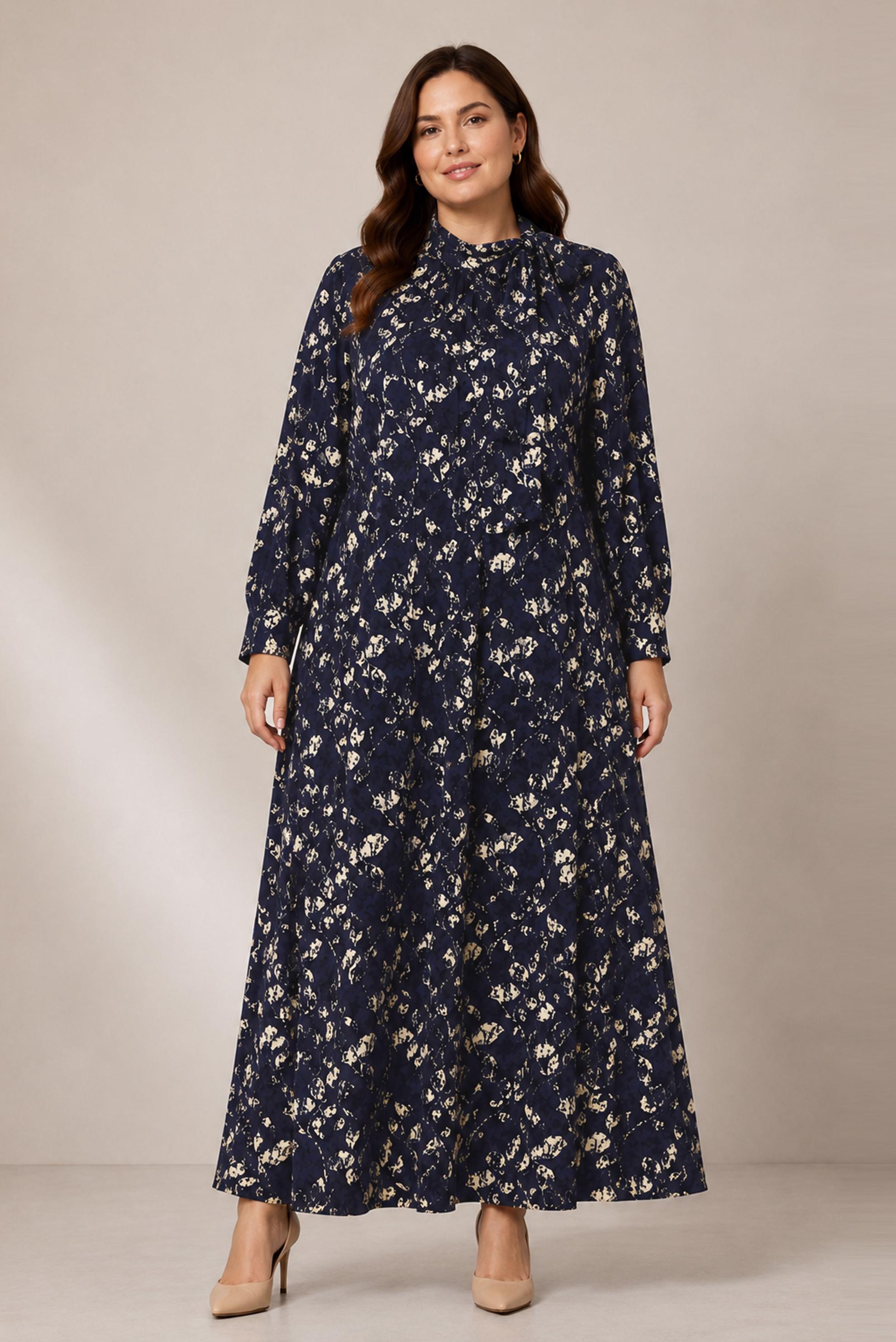 Vêtements hijab BLEU MARINE ROBE JACQUARD EN SATIN GRANDE TAILLE 20991