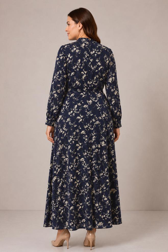 Vêtements hijab BLEU MARINE ROBE JACQUARD EN SATIN GRANDE TAILLE 20991 - ALVİNA