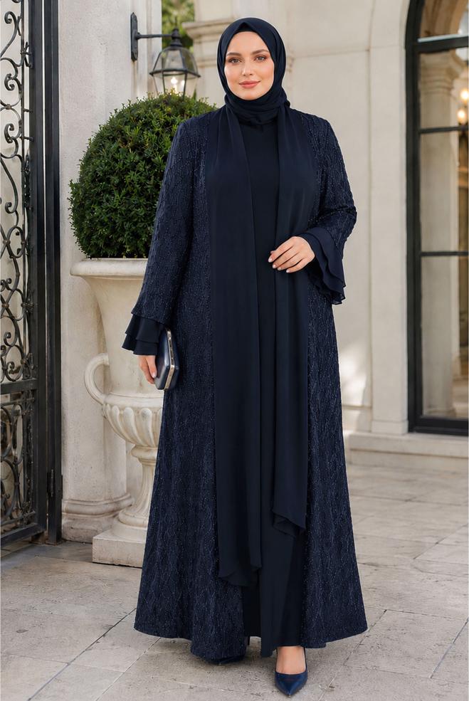 Hijab clothing NAVY BLUE LACE DETAIL DRESS SUIT 21051 - ALVİNA