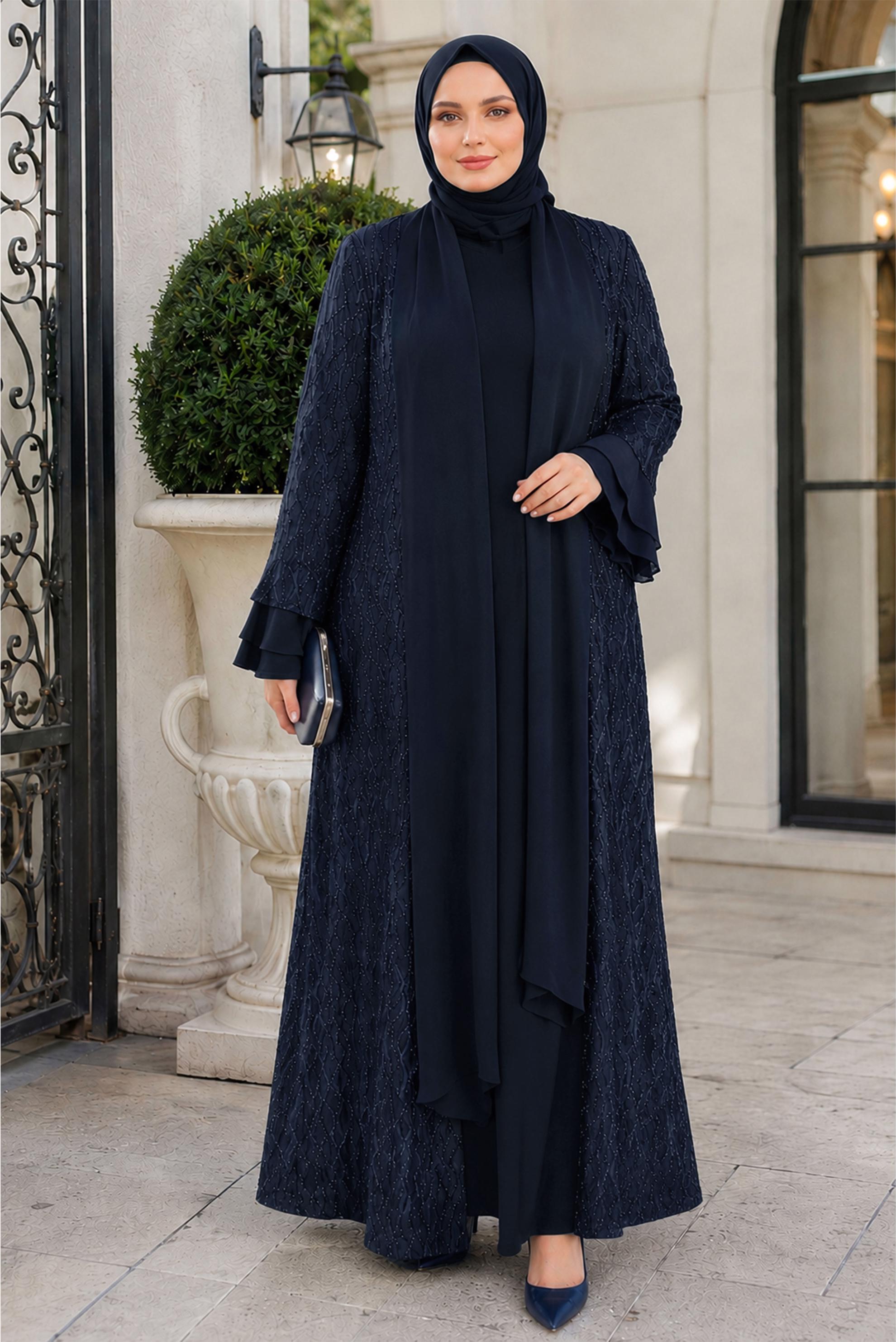 Hijab clothing NAVY BLUE LACE DETAIL DRESS SUIT 21051