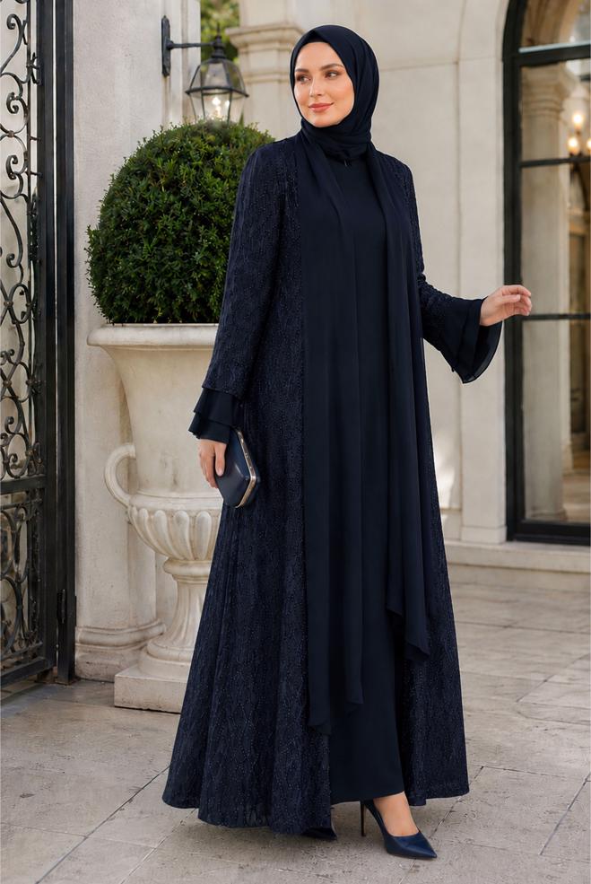 Hijab clothing NAVY BLUE LACE DETAIL DRESS SUIT 21051 - ALVİNA