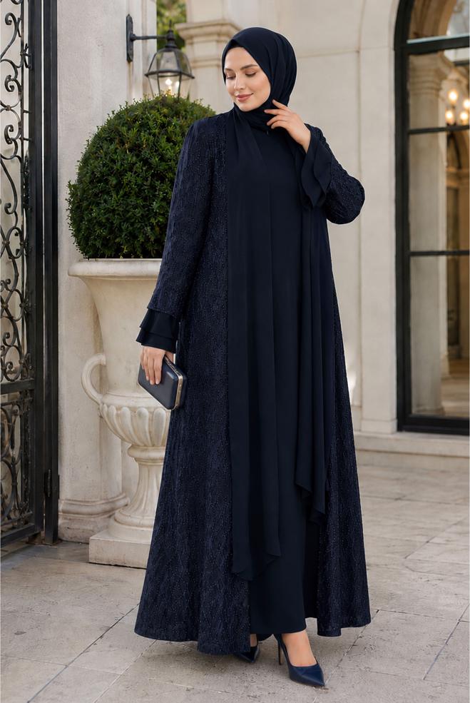 Hijab clothing NAVY BLUE LACE DETAIL DRESS SUIT 21051 - ALVİNA