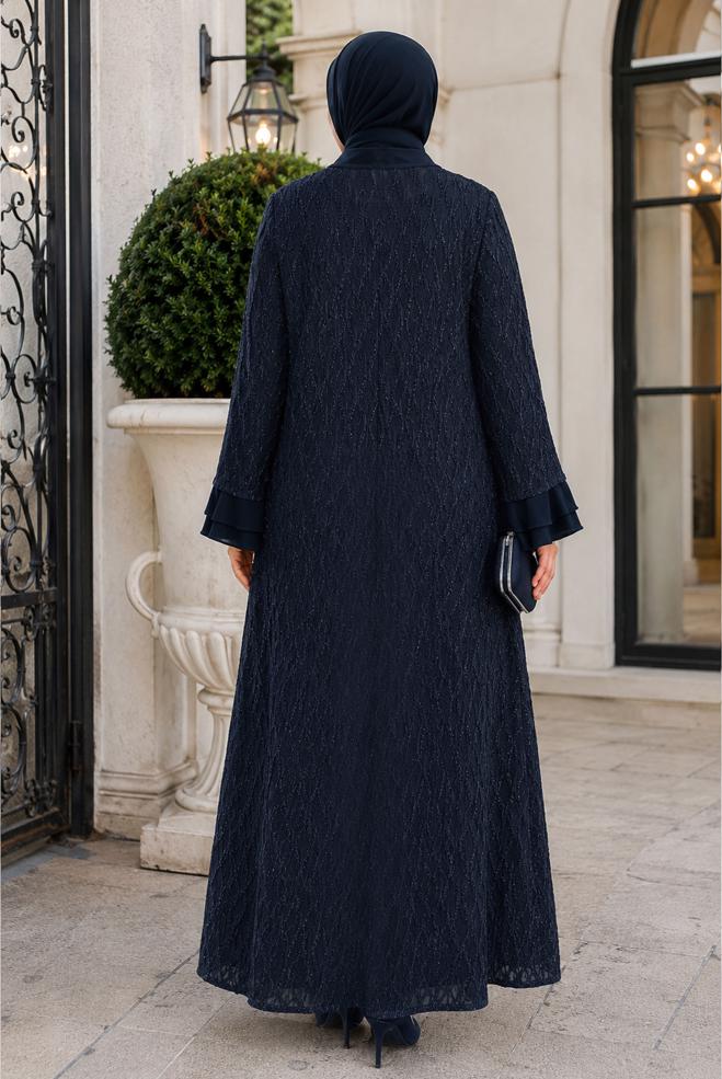 Hijab clothing NAVY BLUE LACE DETAIL DRESS SUIT 21051 - ALVİNA