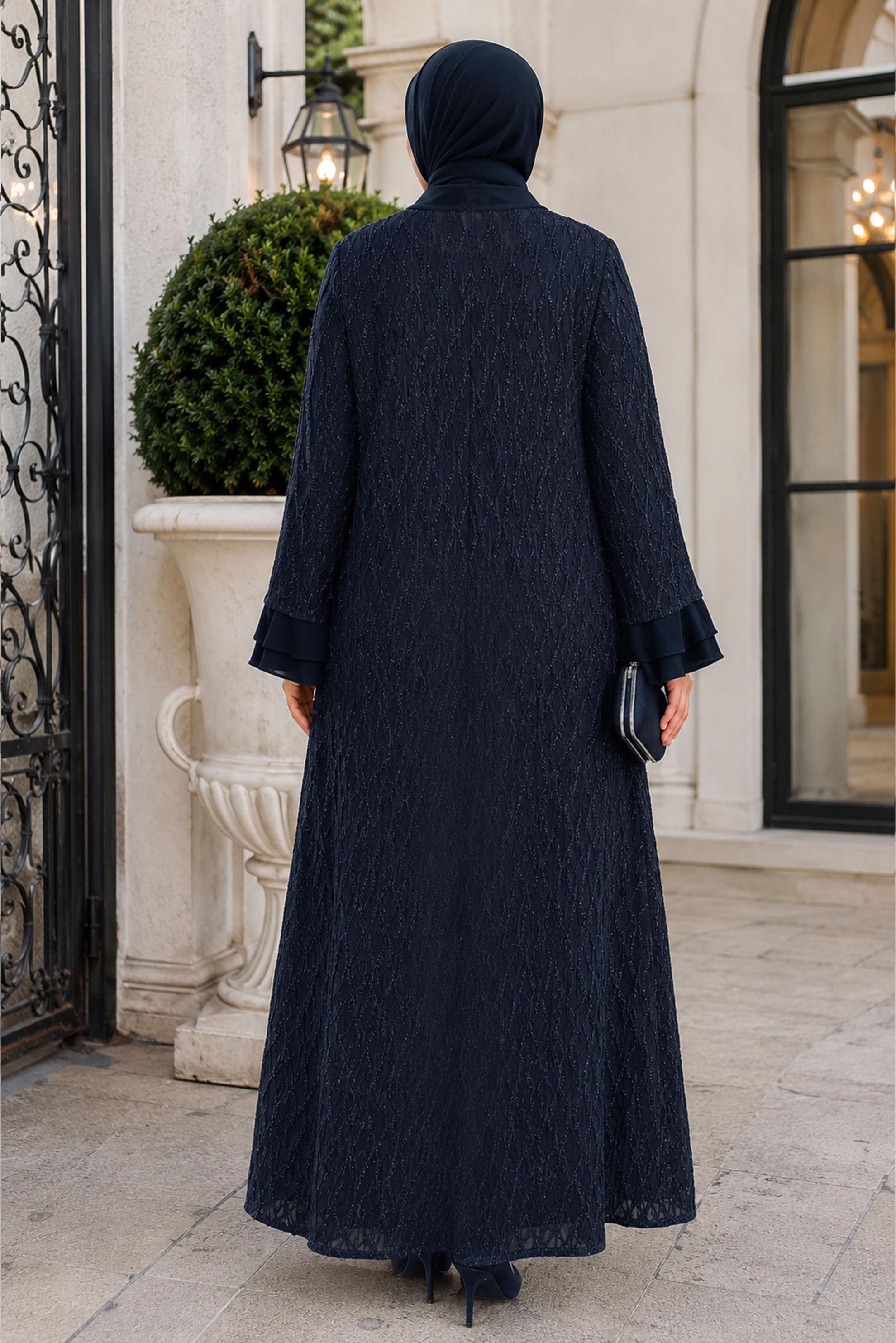 Hijab clothing NAVY BLUE LACE DETAIL DRESS SUIT 21051