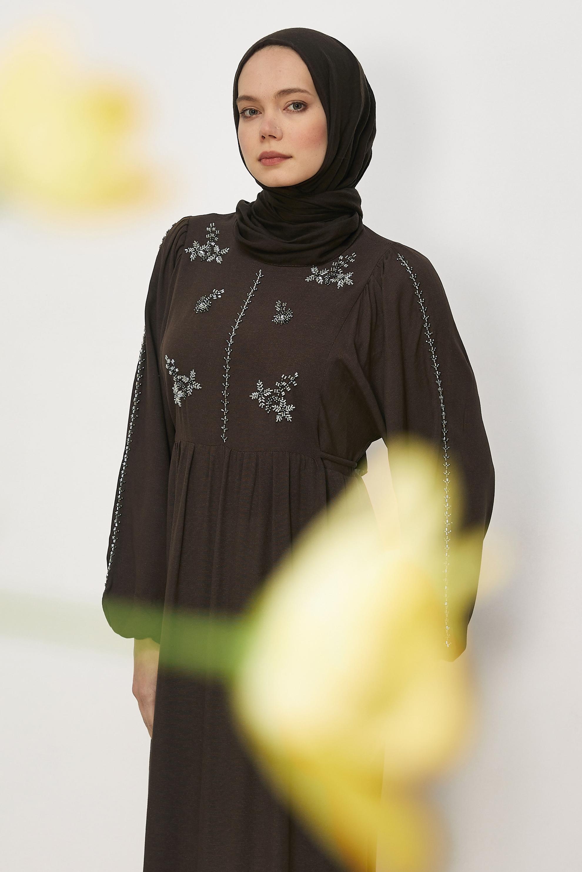 Hijab clothing BROWN TIED LINEN DRESS 45747