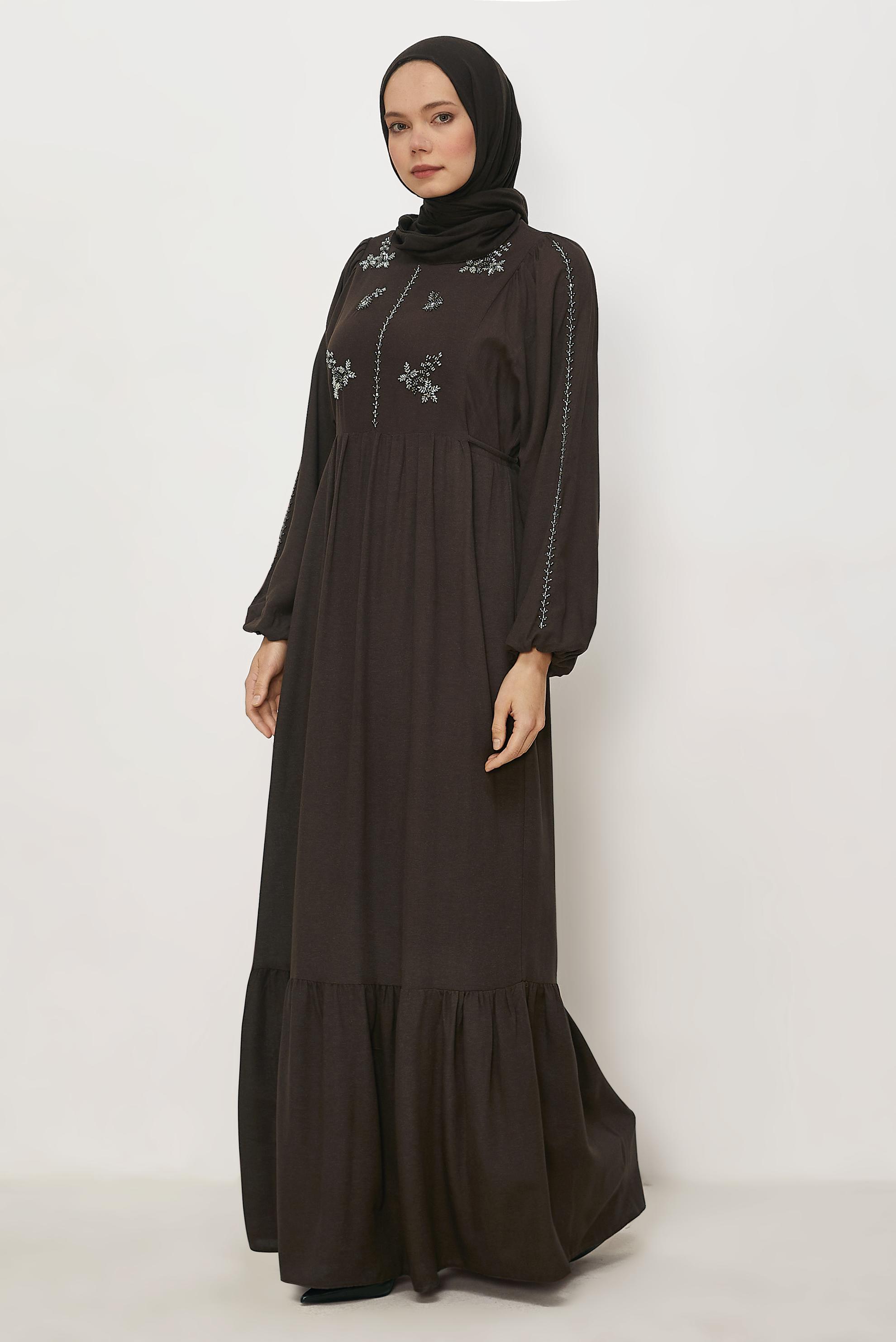 Hijab clothing BROWN TIED LINEN DRESS 45747