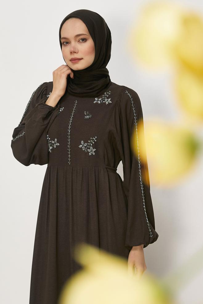 Hijab clothing BROWN TIED LINEN DRESS 45747 - ALVİNA