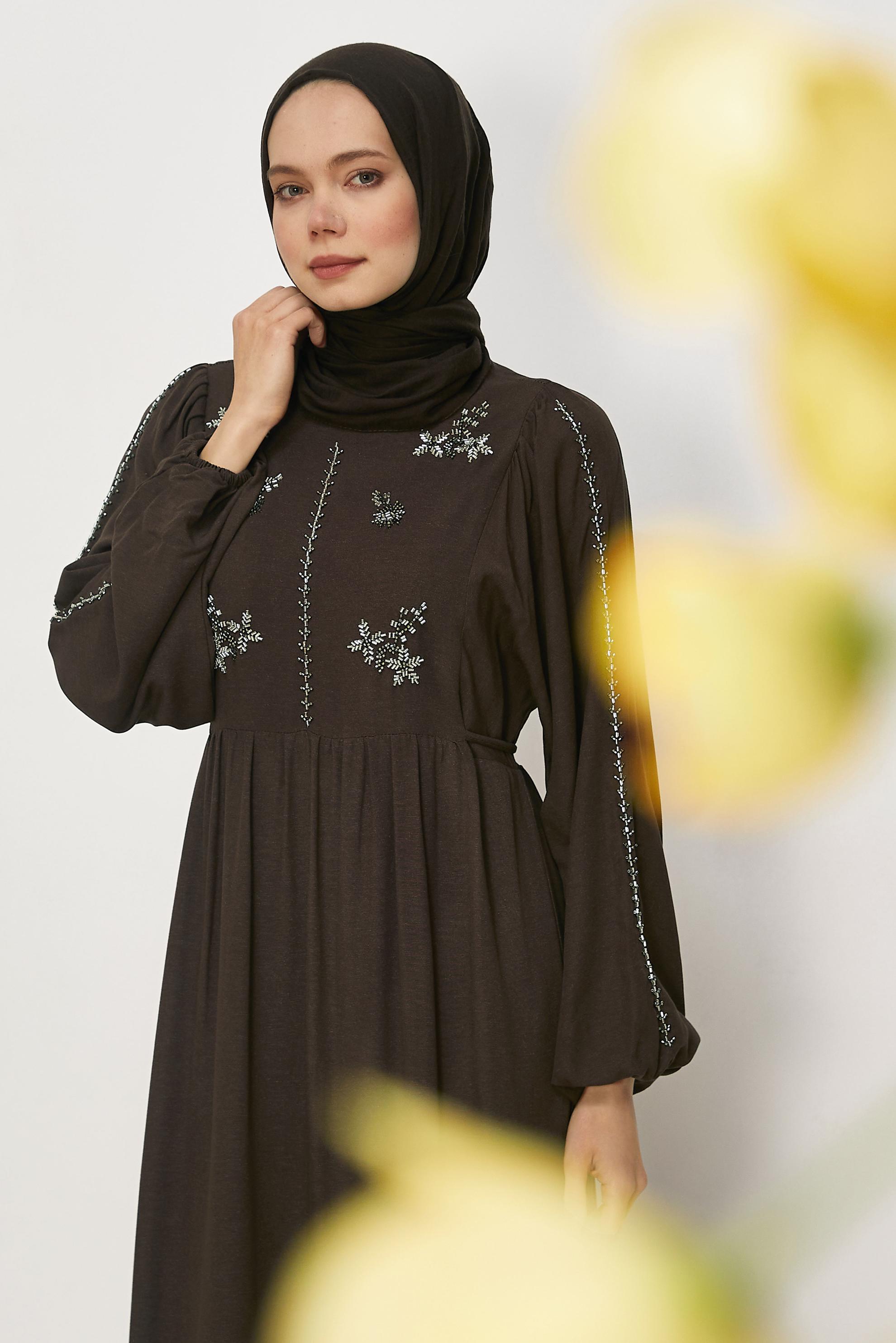 Hijab clothing BROWN TIED LINEN DRESS 45747