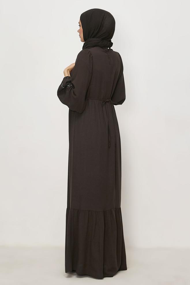 Hijab clothing BROWN TIED LINEN DRESS 45747 - ALVİNA