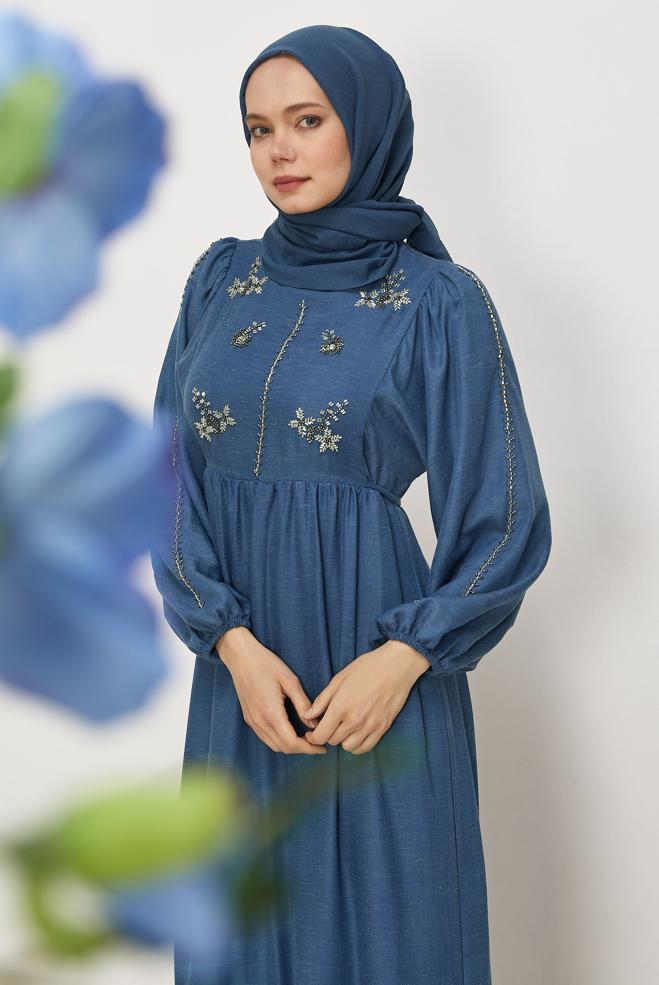 Hijab clothing NAVY BLUE TIED LINEN DRESS 45747 - ALVİNA