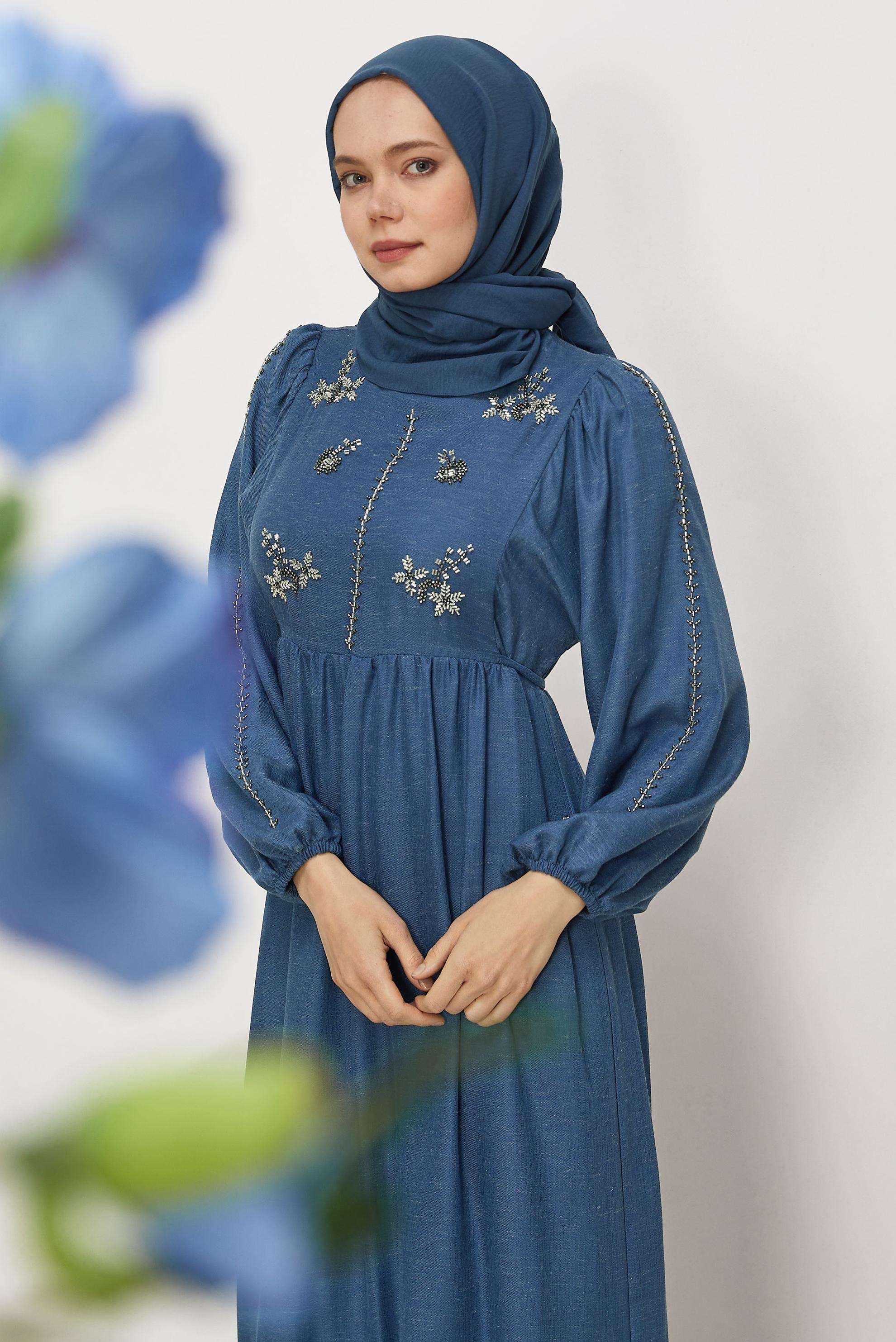 Hijab clothing NAVY BLUE TIED LINEN DRESS 45747