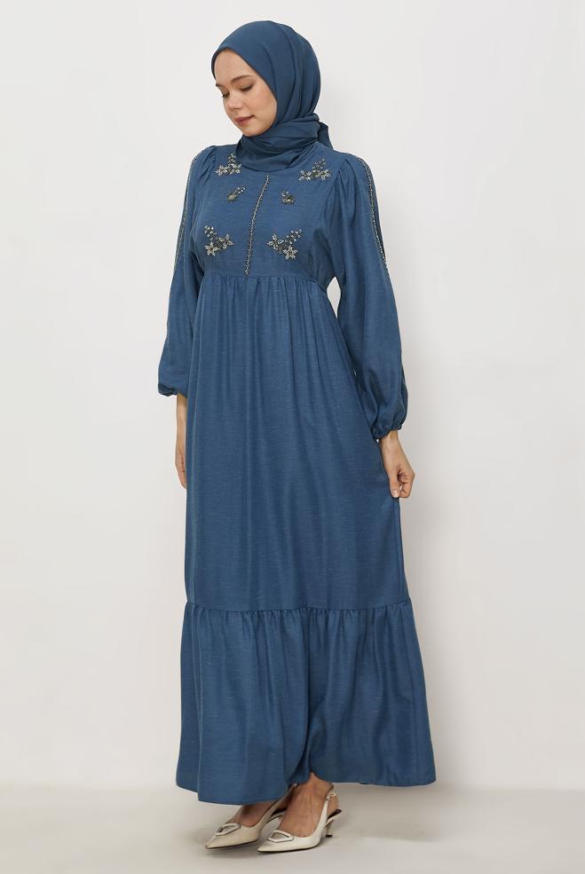 Hijab clothing NAVY BLUE TIED LINEN DRESS 45747 - ALVİNA