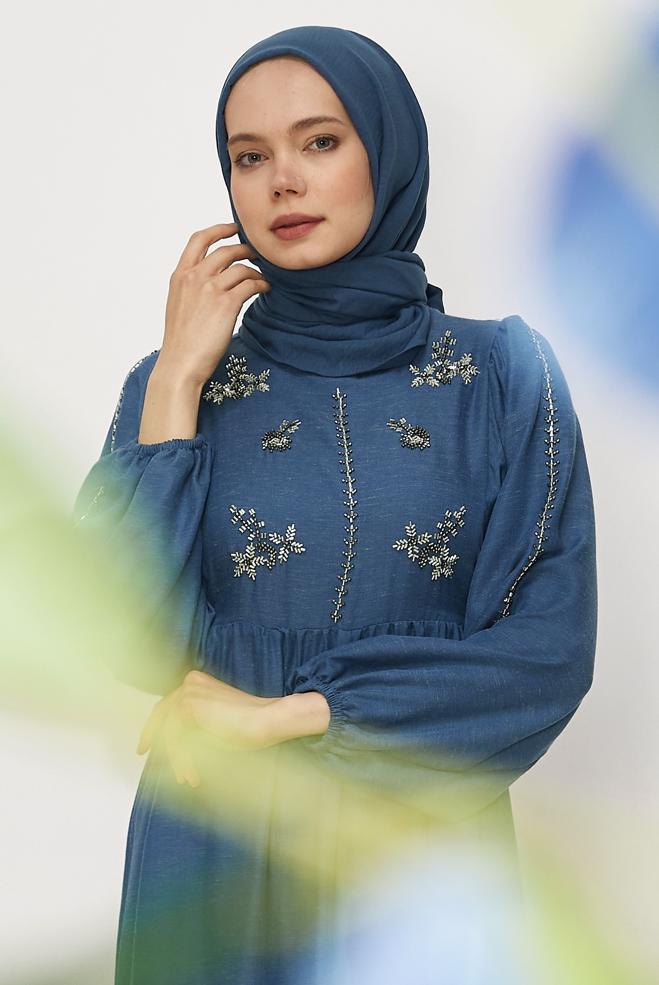 Hijab clothing NAVY BLUE TIED LINEN DRESS 45747 - ALVİNA