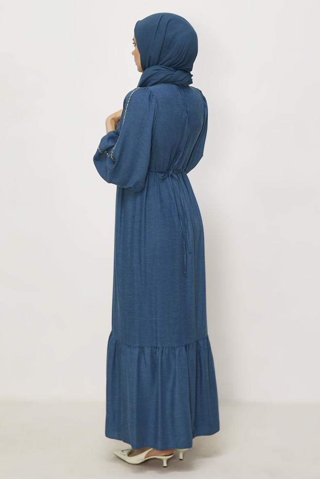 Hijab clothing NAVY BLUE TIED LINEN DRESS 45747 - ALVİNA