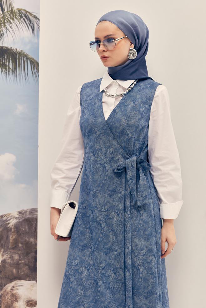 Hijab-Kleidung BLAU TRÄGERKLEID IN DENIM-OPTIK 46312 - ALVİNA