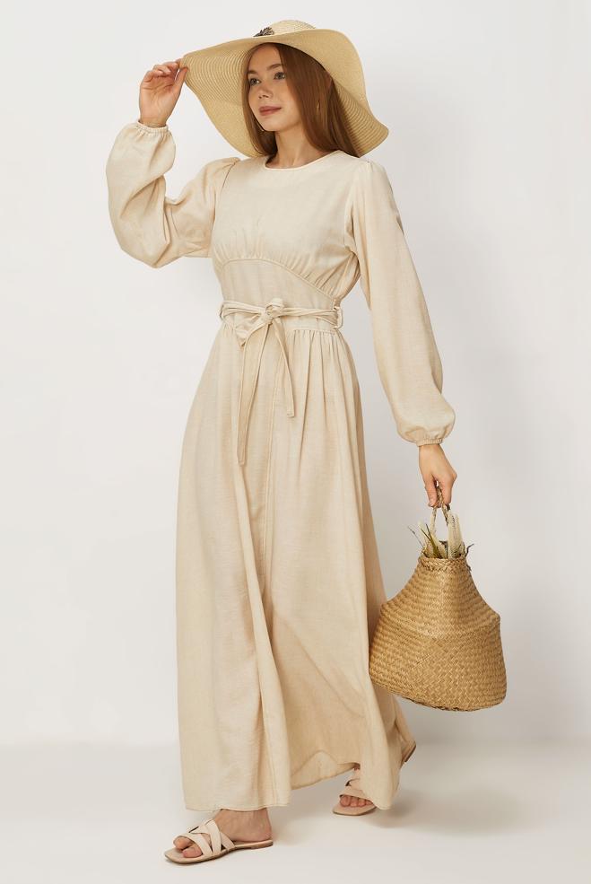 Hijab-Kleidung BEIGE LEINENKLEID MIT GÜRTEL 46314 - ALVİNA