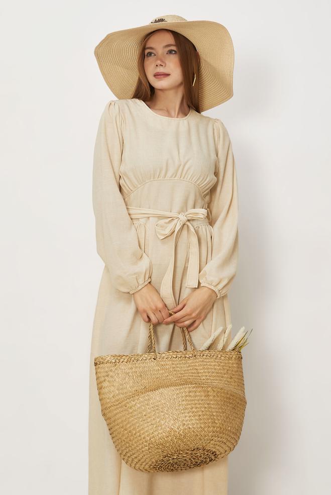 Hijab-Kleidung BEIGE LEINENKLEID MIT GÜRTEL 46314 - ALVİNA
