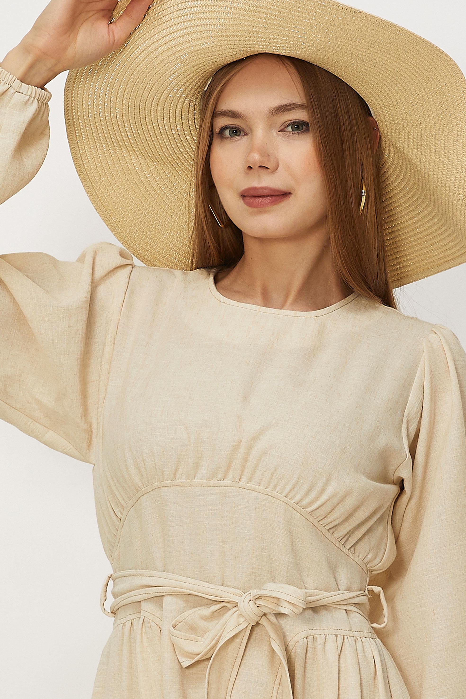 Hijab-Kleidung BEIGE LEINENKLEID MIT GÜRTEL 46314