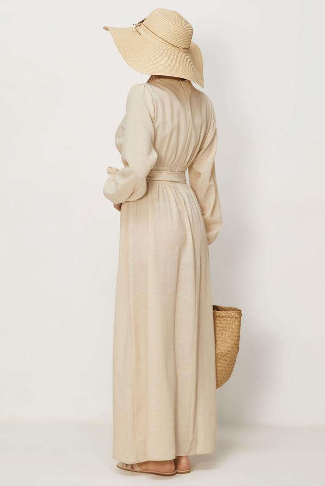 Hijab-Kleidung BEIGE LEINENKLEID MIT GÜRTEL 46314 - ALVİNA